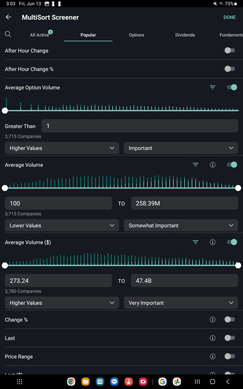 The MultiSort Screener add factor on Android Tablet